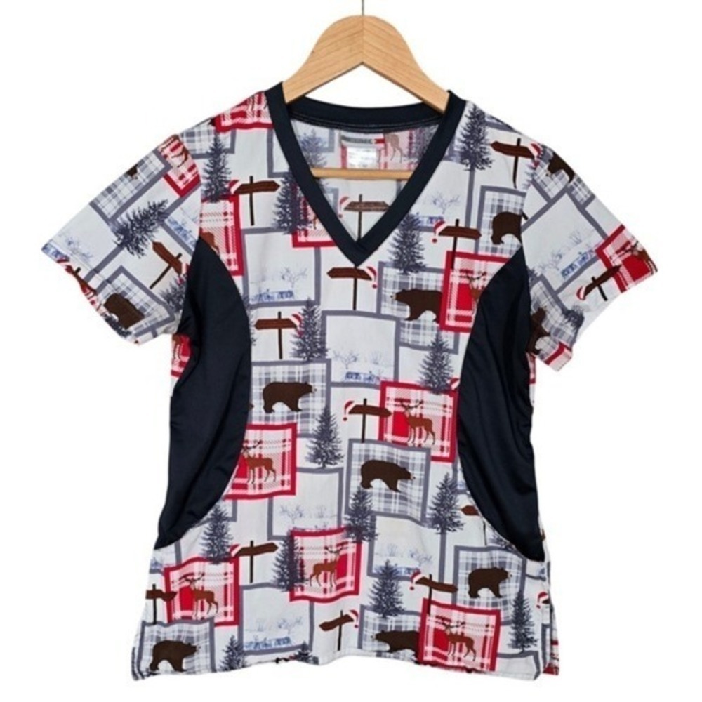 White Cross Women's V-Neck Back Yoke Holiday Holiday Print Scrub Top S